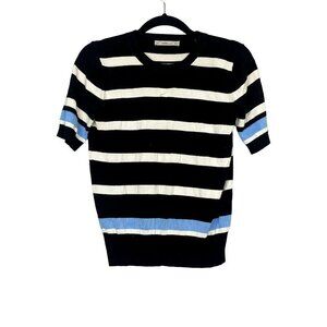 Zara Soft Knit Striped Short Sleeve Crew Neck S Sweater Black Blue White #2102